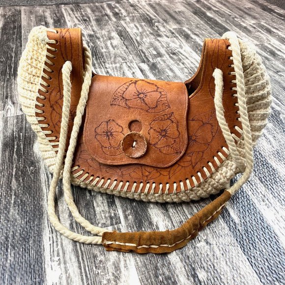 Vintage Crochet & Leather Purse Hand Tooled Stamped Flowers Boho Vibes - Picture 3 of 8